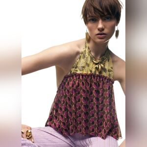 Zara Yellow and Purple Patterned Halter Top